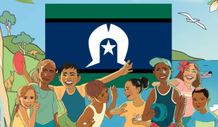 Illustration from 'Our Flag, Our Story' children's book about the Torres Strait Islander flag. Eight smiling children stand in front of the flag, hills and ocean.